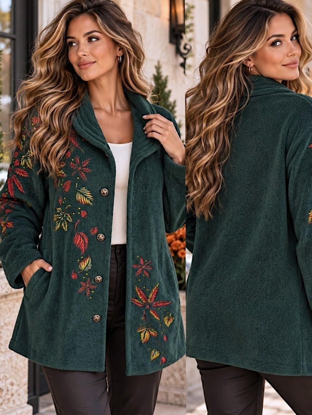 Bob Mackie Folk Artistic Jacket L Green Embroidered Leaf Button Grandmacore Chic